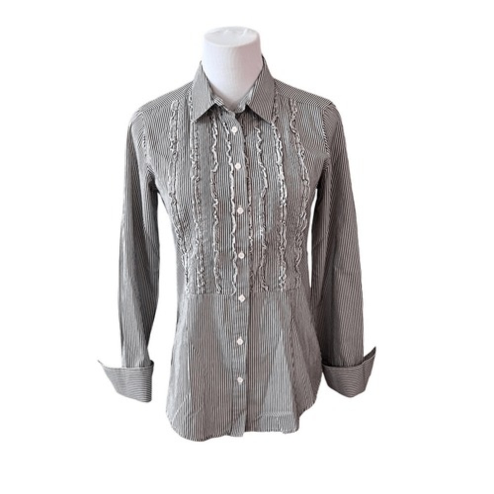 J. Crew Ruffled French Cuffs Grey Striped Tuxedo‎ Shirt 2 Cottage Contemporary